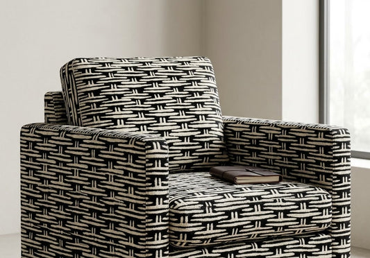Close-up detail of ivory and black mini basket fabric