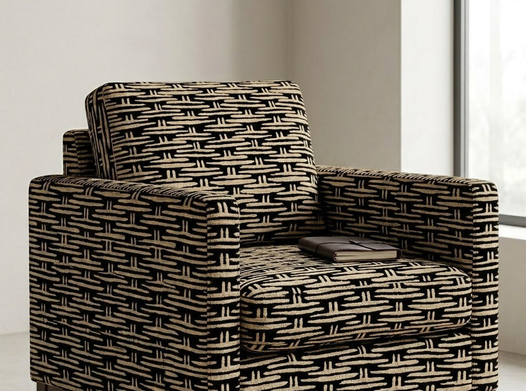 Close-up detail of taupe and black mini basket fabric