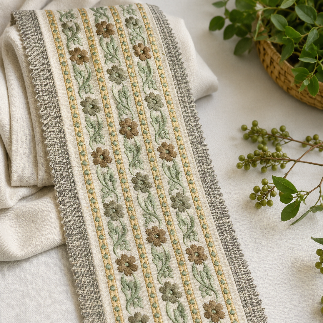 Blue mini daisy embroidered trim swatch by Venia Home