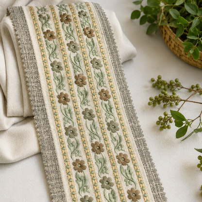 Blue mini daisy embroidered trim swatch by Venia Home
