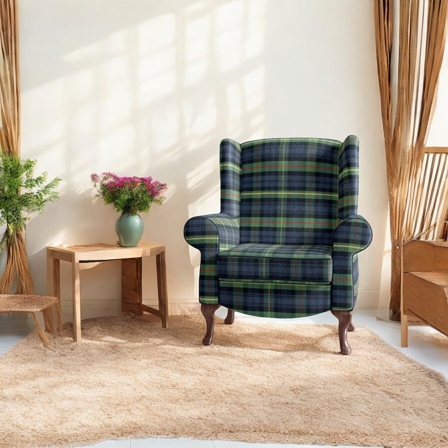 Green and blue modern grid plaid fabric on upholstered chair