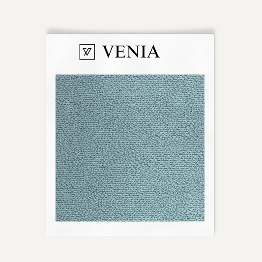 Baby blue modern luxe bouclé upholstery fabric swatch by Venia Home