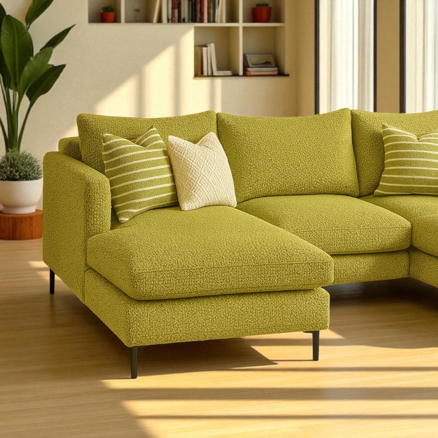 Close-up detail of lime green modern luxe bouclé fabric