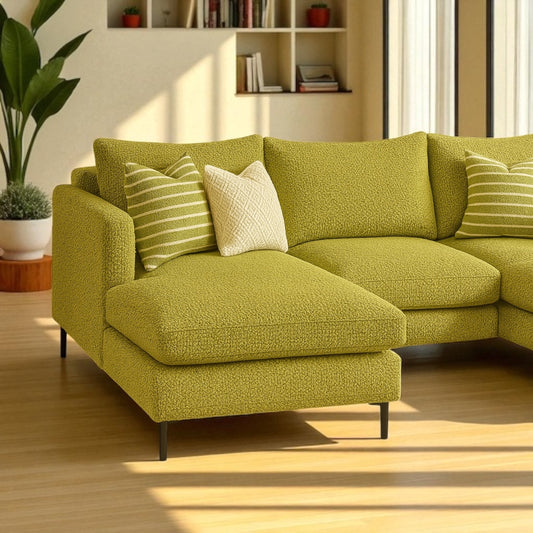 Close-up detail of lime green modern luxe bouclé fabric