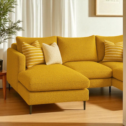 Close-up detail of mustard yellow modern luxe bouclé fabric