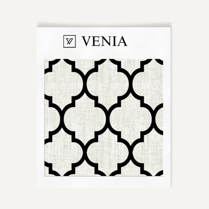 Ivory and black Moorish trellis upholstery fabric swatch by Venia Home
