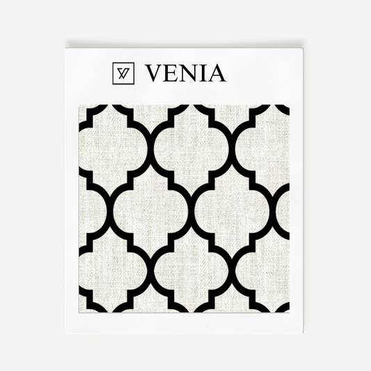Ivory and black Moorish trellis upholstery fabric swatch by Venia Home
