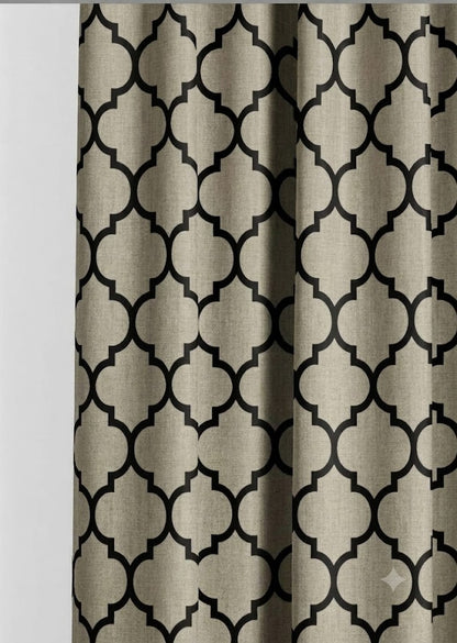 Close-up detail of taupe and black Moorish trellis fabric