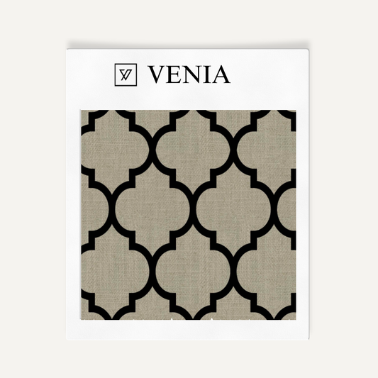 Taupe with black detail Moorish trellis upholstery fabric swatch by Venia Home