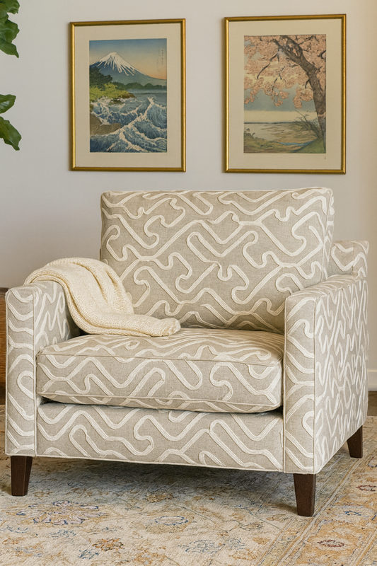 Close-up detail of morning maze fabric in grey and white