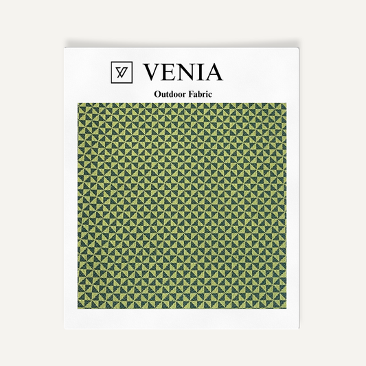 Mosaic Green outdoor fabric swatch in green pinwheel geometric weave