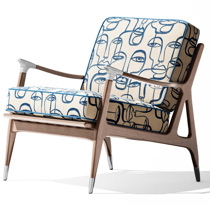 Close-up detail of indigo Muse abstract line art face fabric