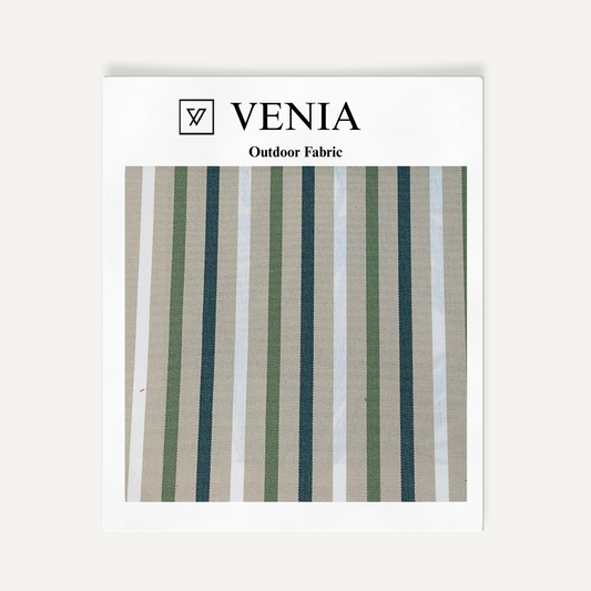 Nautical Marine outdoor fabric swatch in taupe, navy and green multi-tone stripe weave