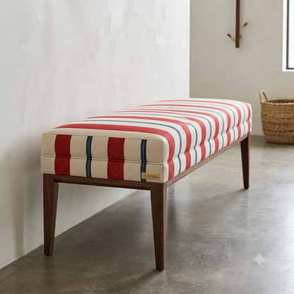 Close-up detail of blue white and red nautical stripe fabric