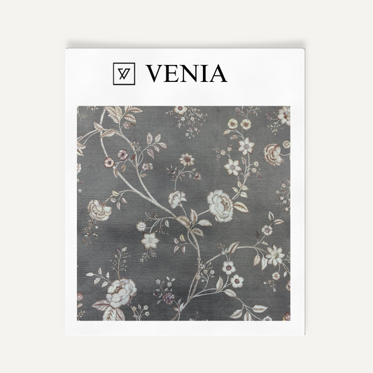Charcoal Neerja floral upholstery fabric swatch by Venia Home