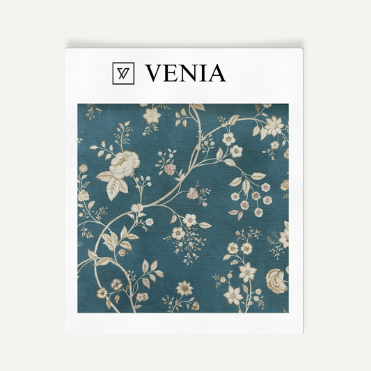Teal Neerja floral upholstery fabric swatch by Venia Home