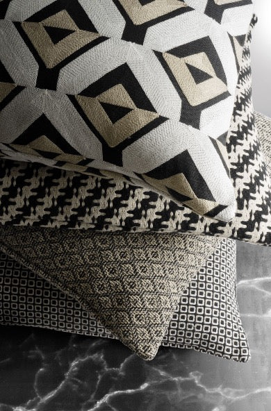 Noir weave, Pixel houndstooth and Echo prism fabric styled together