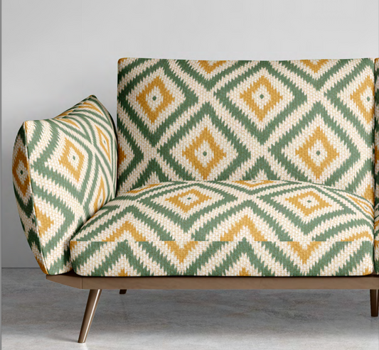 Close-up detail of mustard and green nomad diamond fabric