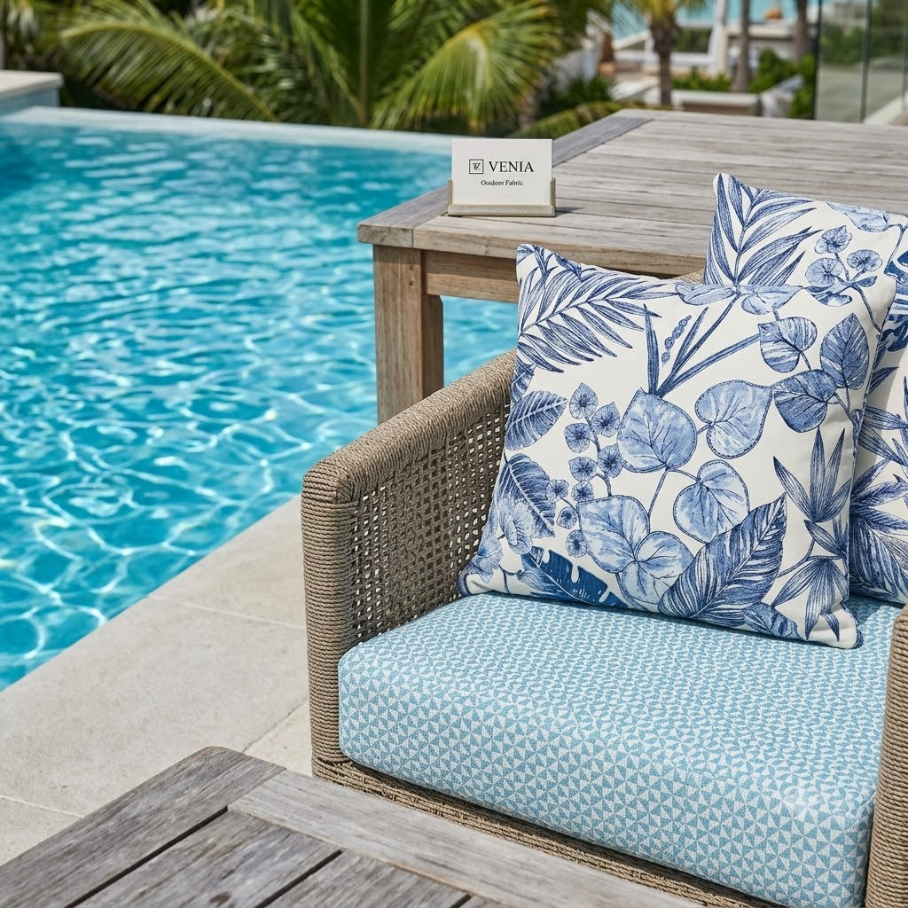 Outdoor seating area styled with Venia Home waterproof acrylic fabric