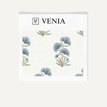 Blue pansy cluster upholstery fabric swatch by Venia Home