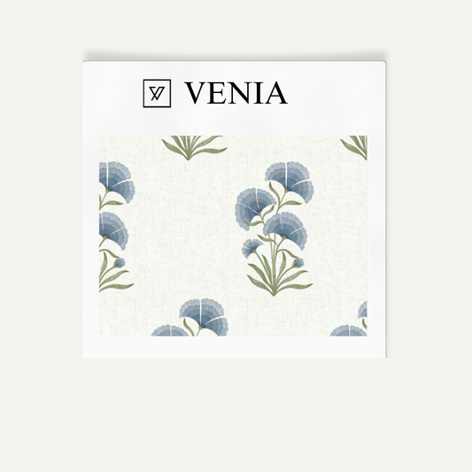 Blue pansy cluster upholstery fabric swatch by Venia Home