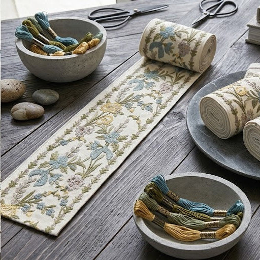 Yellow paradise garden embroidered trim swatch by Venia Home