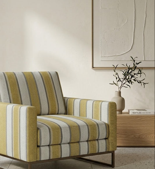 Close-up detail of muted yellow and grey parallel stripe fabric