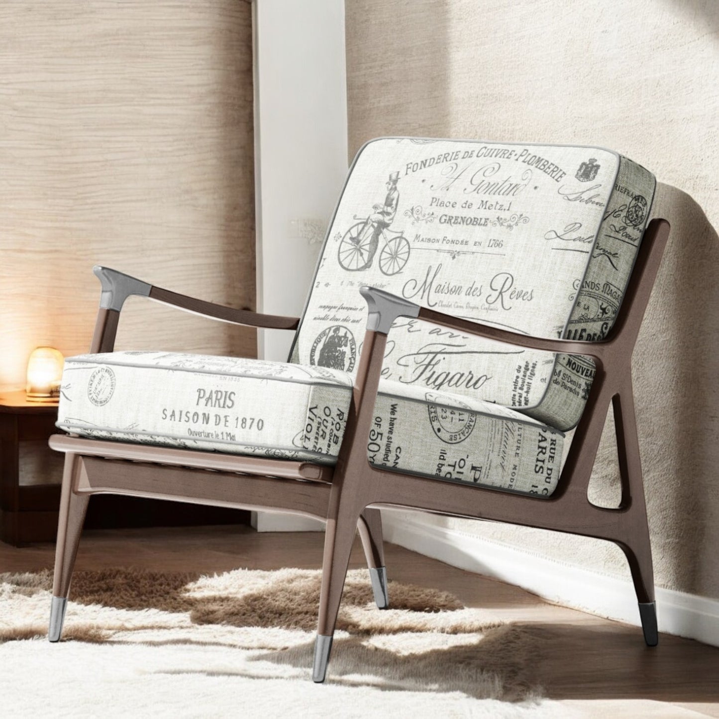 Charcoal Parisian script fabric on an accent chair