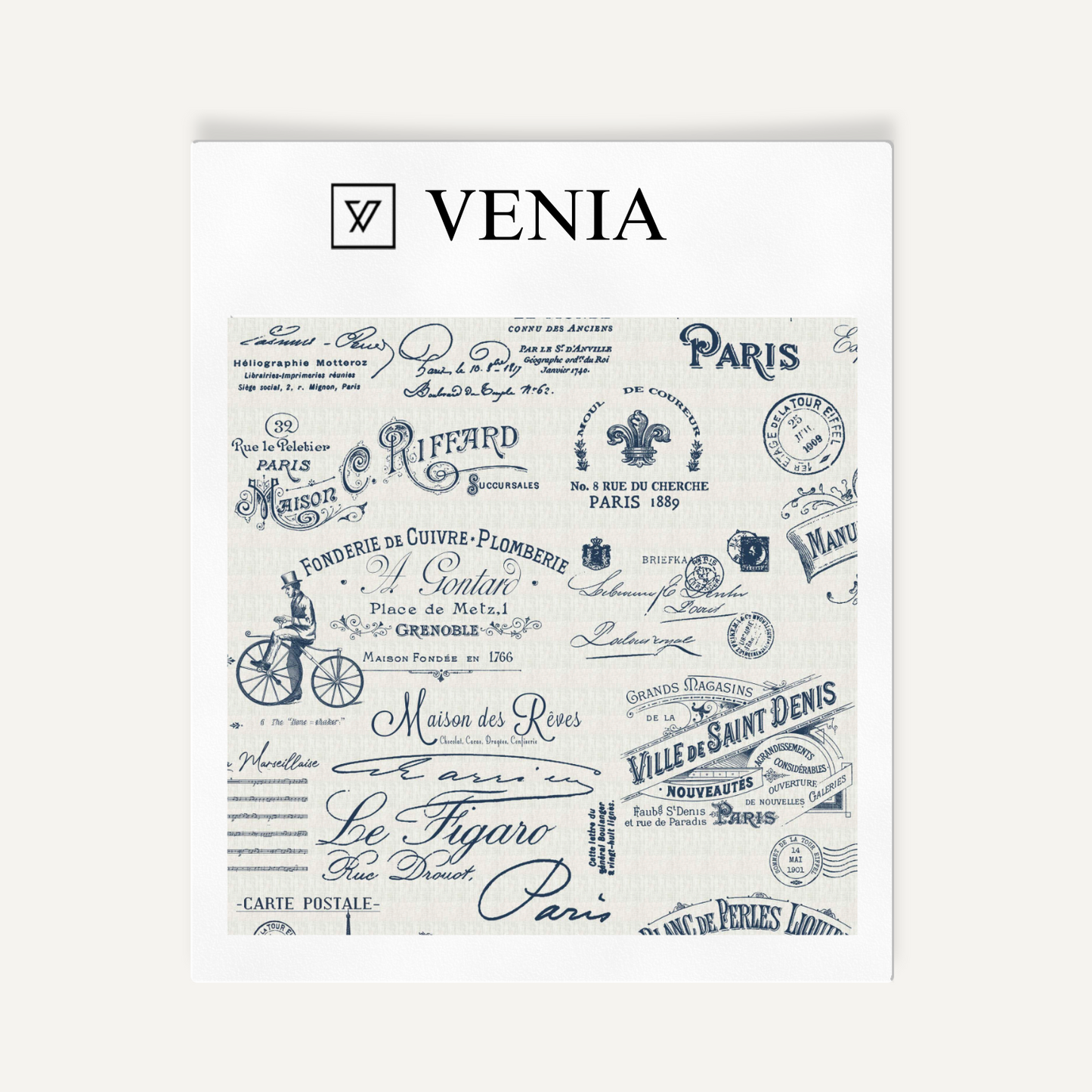 Midnight blue Parisian script upholstery fabric swatch by Venia Home