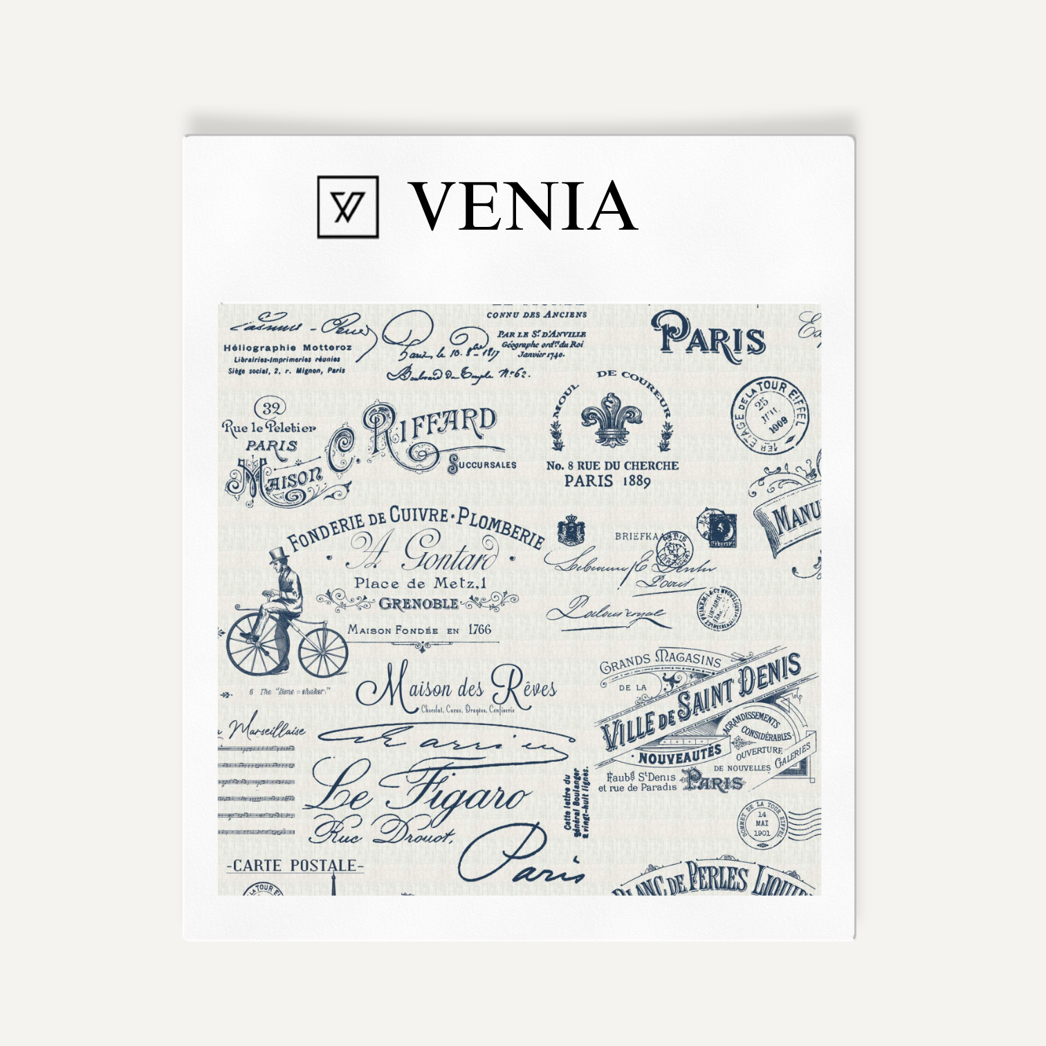 Midnight blue Parisian script upholstery fabric swatch by Venia Home