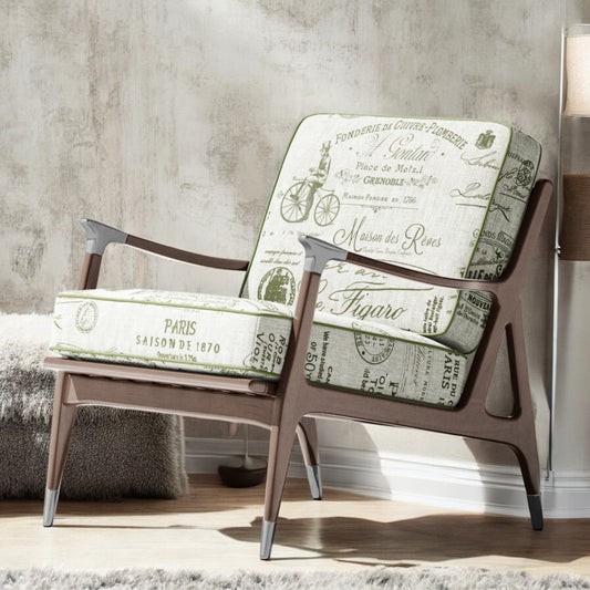 Olive green Parisian script fabric on an accent chair