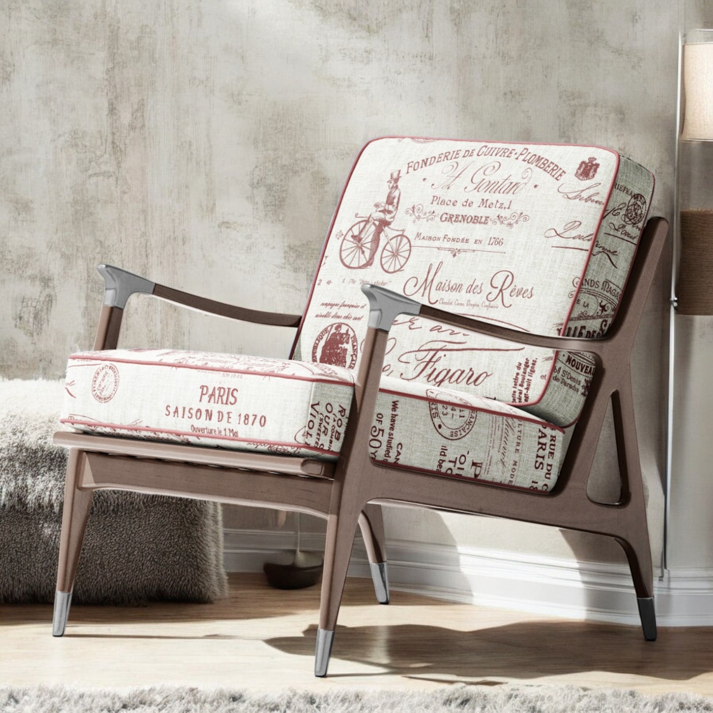 Redwood Parisian script fabric on an accent chair