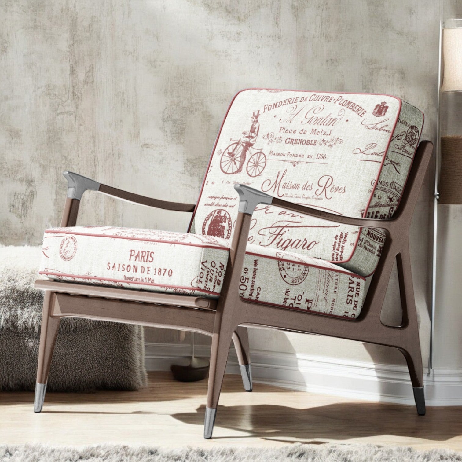 Redwood Parisian script fabric on an accent chair