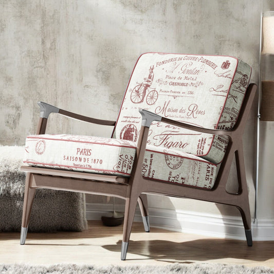 Redwood Parisian script fabric on an accent chair
