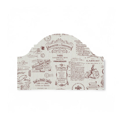 Redwood Parisian script fabric on a headboard