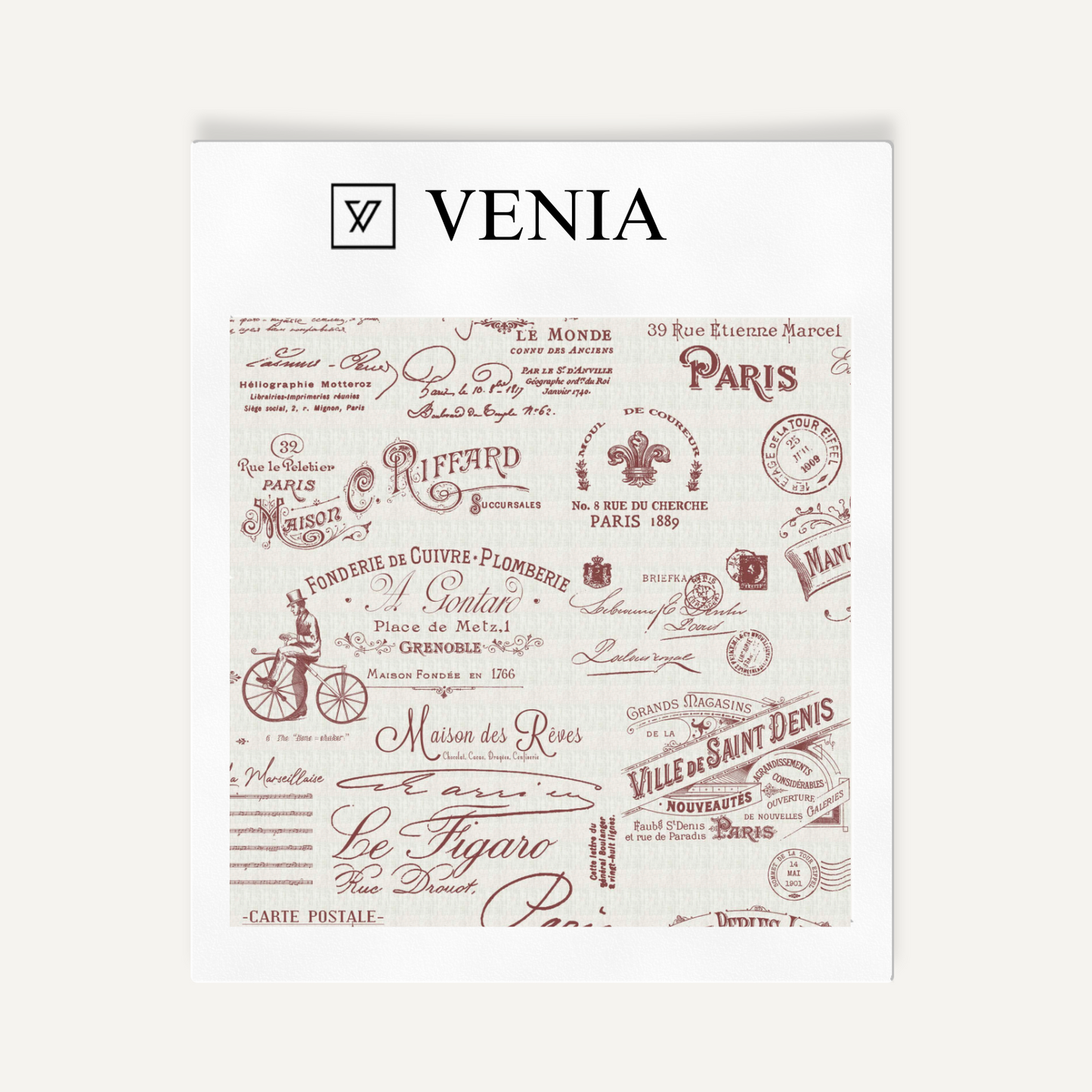 Redwood Parisian script upholstery fabric swatch by Venia Home