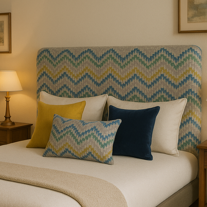 Coastline pattern play fabric styled in a zigzag bedroom design