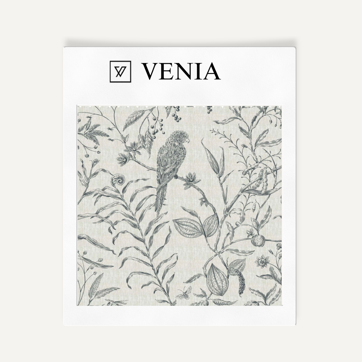 Charcoal Perch and Plume upholstery fabric swatch by Venia Home
