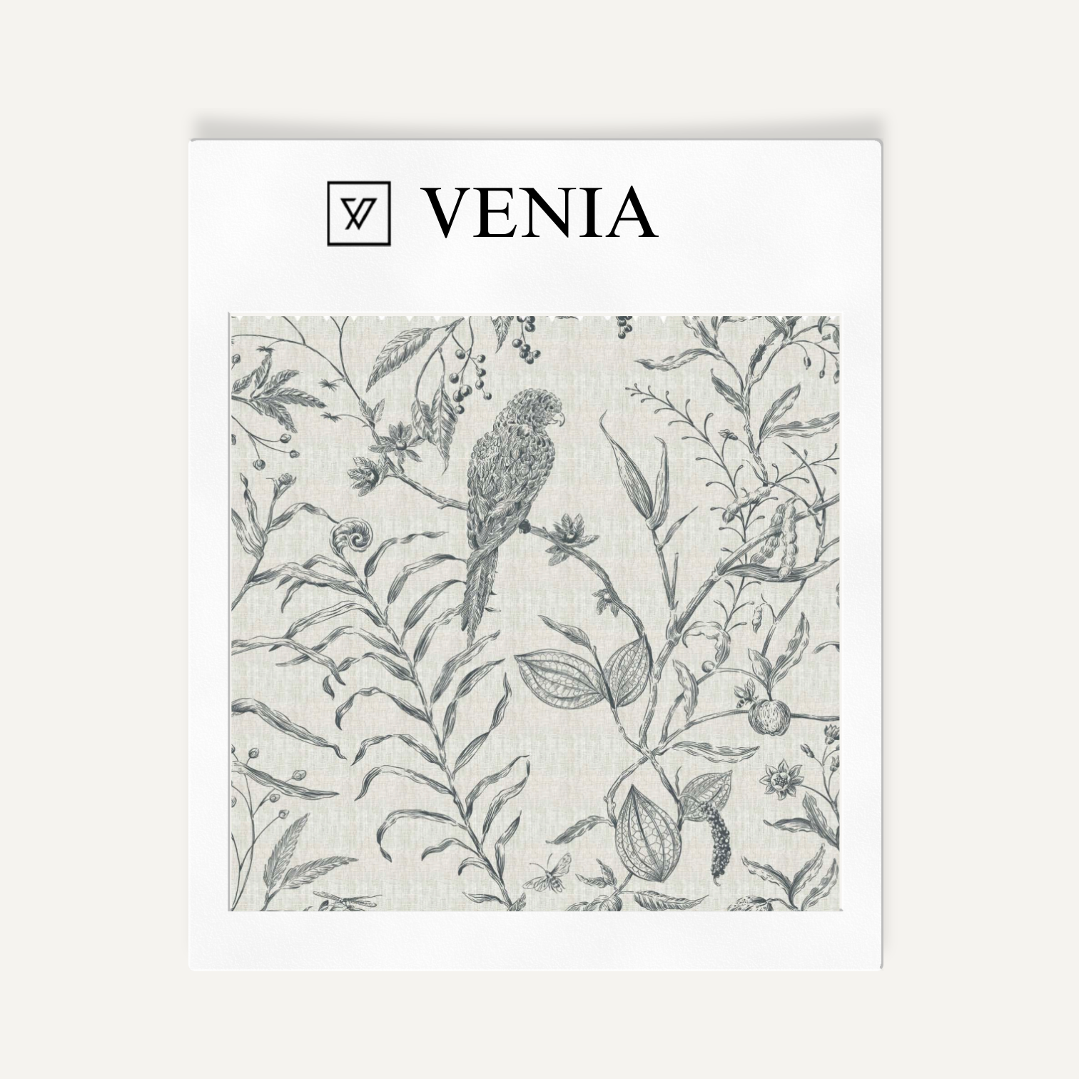 Charcoal Perch and Plume upholstery fabric swatch by Venia Home