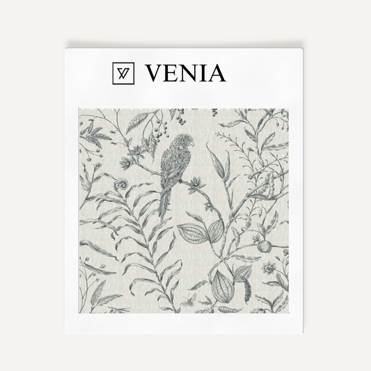 Charcoal Perch and Plume upholstery fabric swatch by Venia Home