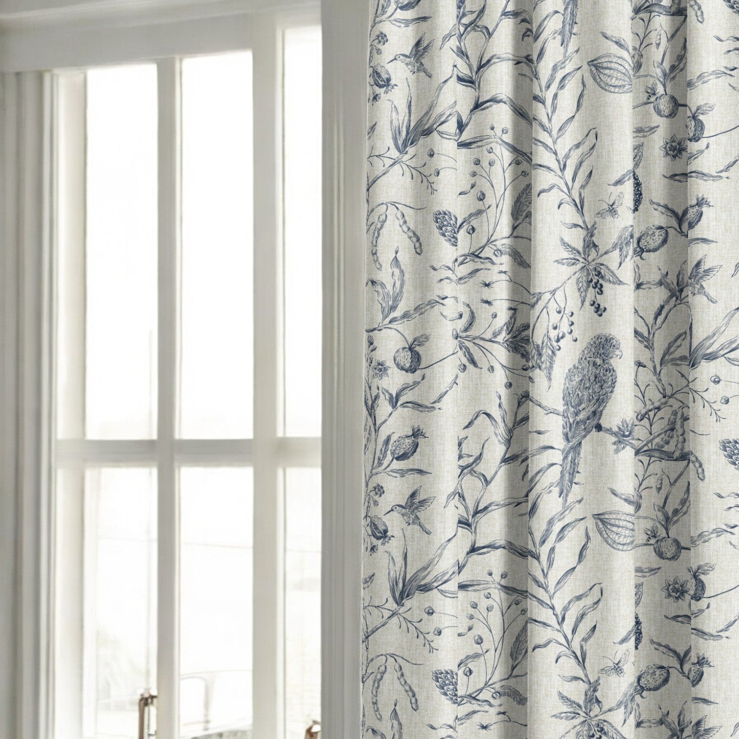 Midnight blue Perch and Plume fabric as curtain
