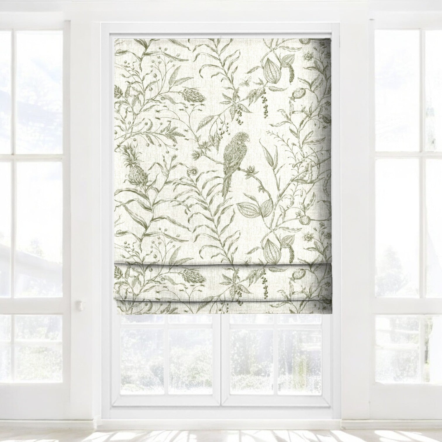 Olive green Perch and Plume fabric as blinds