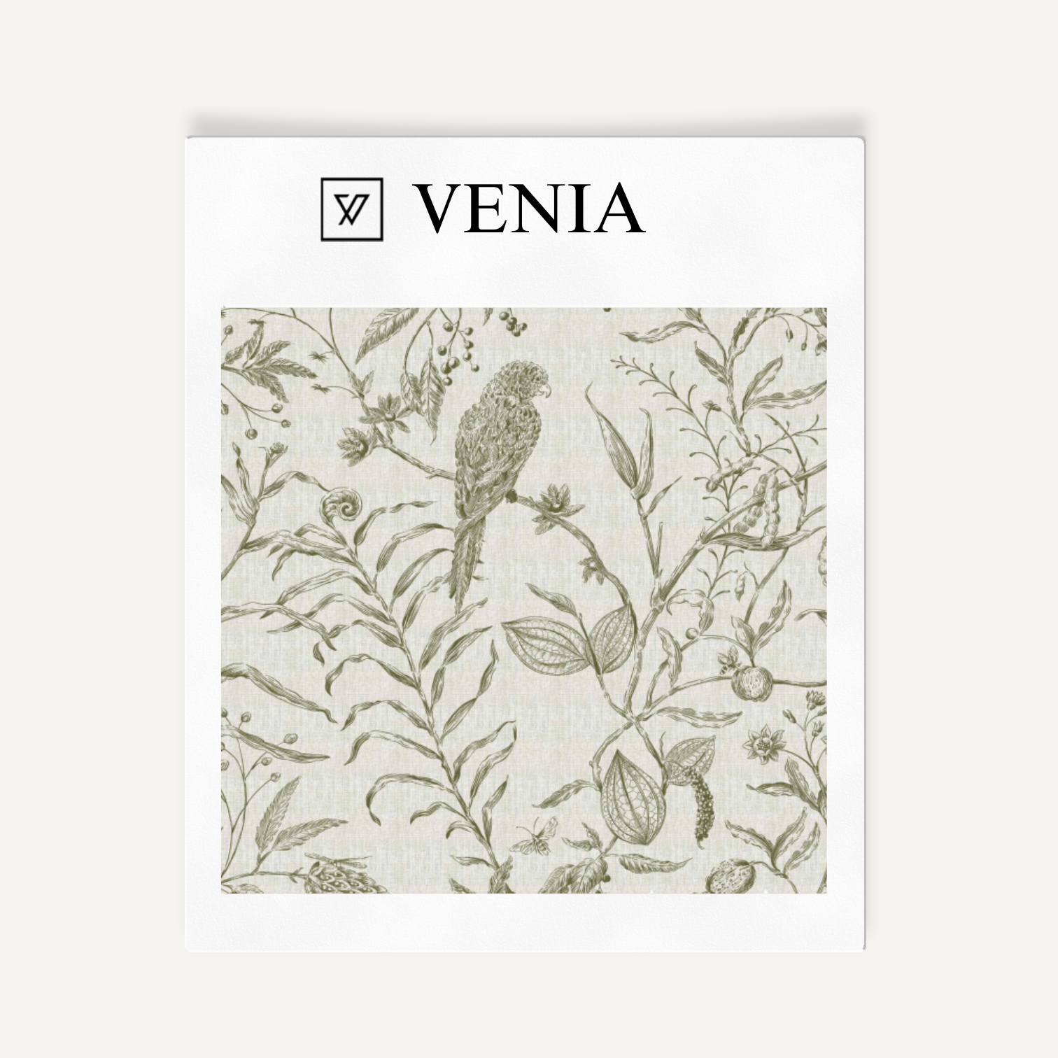 Olive green Perch and Plume upholstery fabric swatch by Venia Home