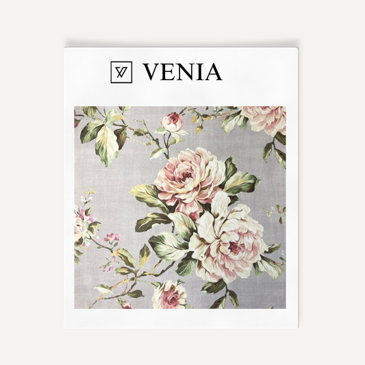 Grey petal palette upholstery fabric swatch by Venia Home