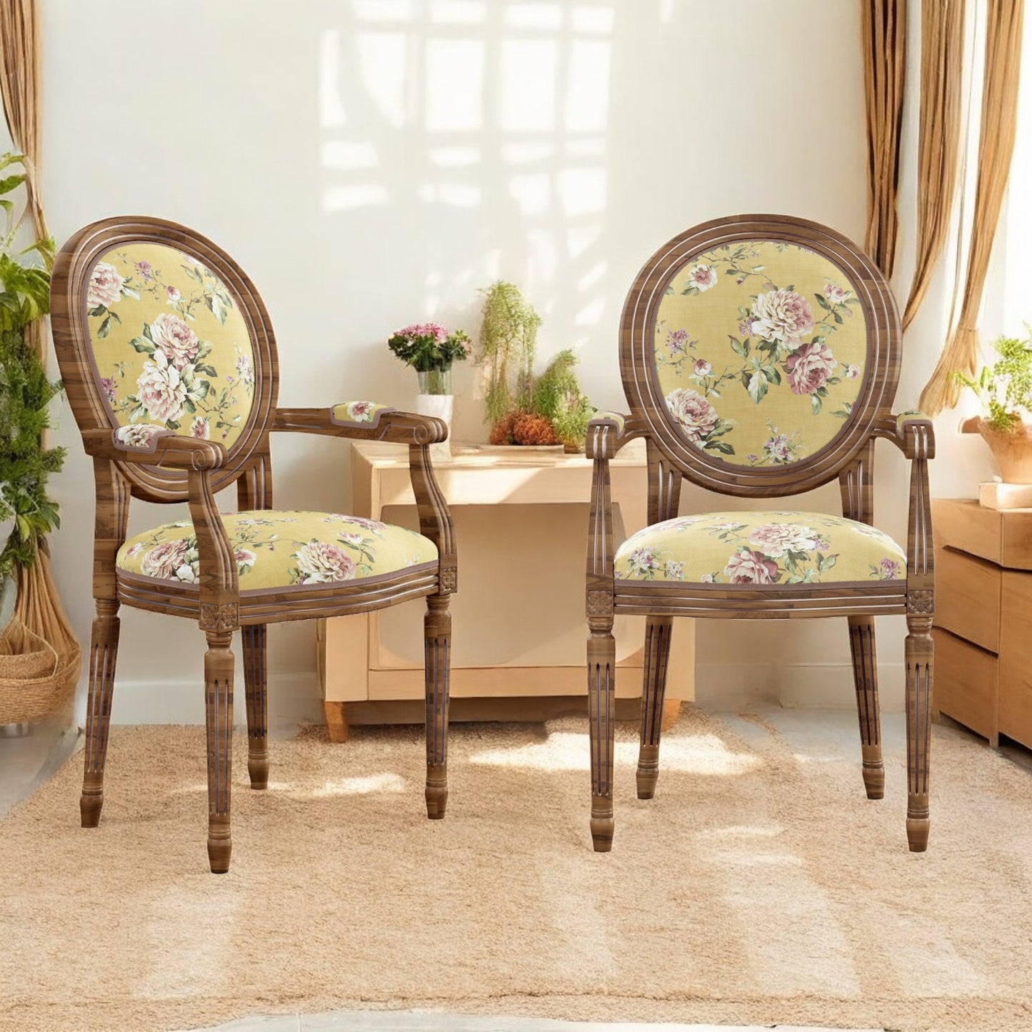 Yellow petal palette fabric on upholstered chair