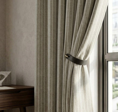 Close-up detail of beige pinstripe fabric