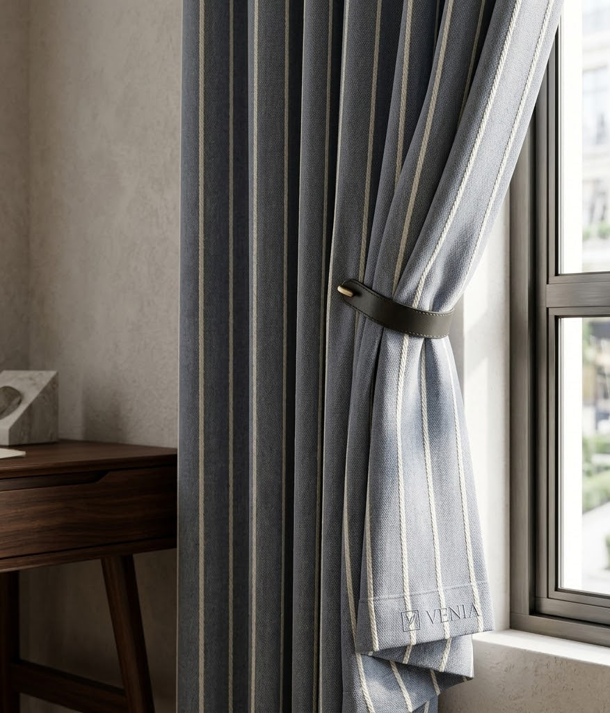 Close-up detail of blue pinstripe fabric