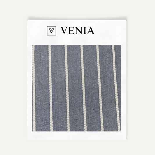 Blue pinstripe upholstery fabric swatch by Venia Home