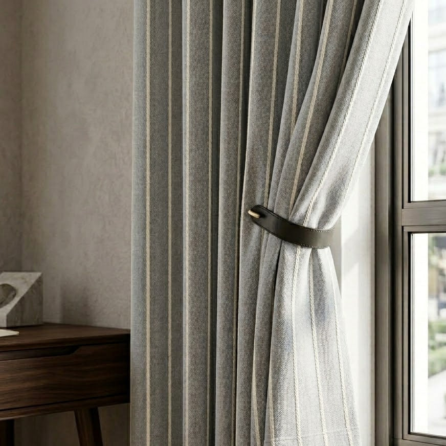 Close-up detail of grey pinstripe fabric