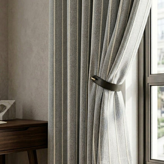 Close-up detail of grey pinstripe fabric